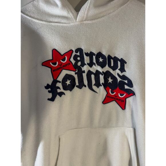 Y2K White Fleece Pullover Hoodie | Gothic Script & Angry Star Appliqué (Size M) - Picture 2 of 12